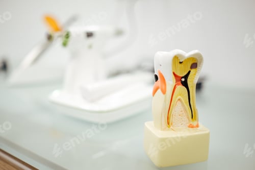 Preview: Selective focus shot of a tooth desease model in a clinic
