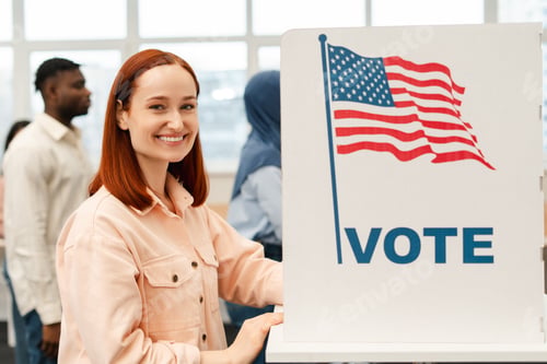 Preview: Smiling red haired woman vote at polling station . Democracy, United States election day 2024
