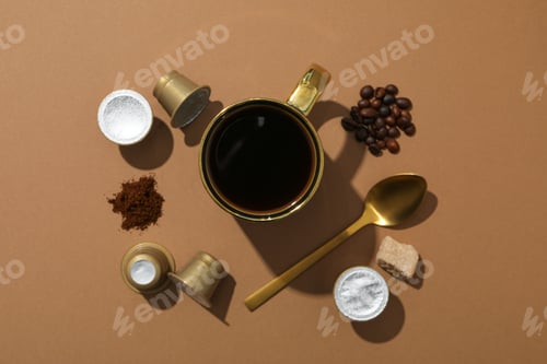 Preview: Coffee capsules and beans, sugar, cup with spoon on brown background, top view