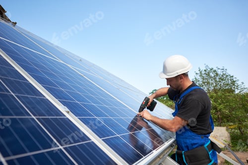 Preview: Stand-alone exterior solar panel system installation, renewable green energy generation concept.