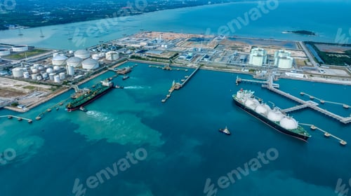 Preview: LNG (Liquified Natural Gas) tanker anchored in Gas terminal gas tanks for storage. Oil Crude Gas