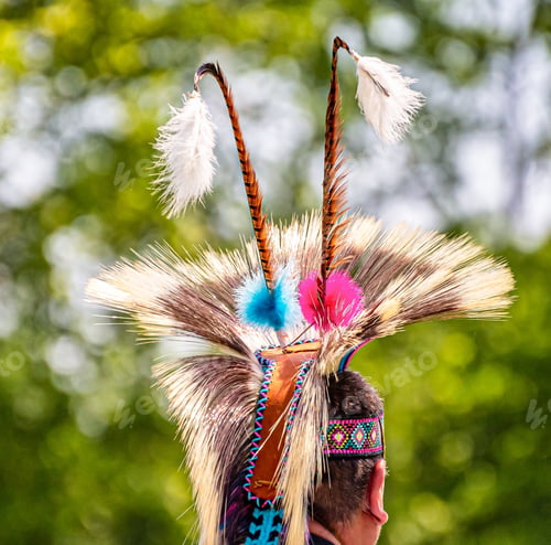 Preview: Closeup shot of the head of a person in a traditional Indian-American festive hat with feathers