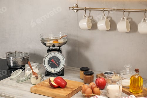 Preview: Retro mechanical kitchen scale and different food products on wooden countertop indoors