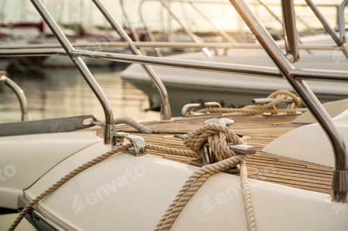 Preview: White mooring rope tied around steel anchor on boat
