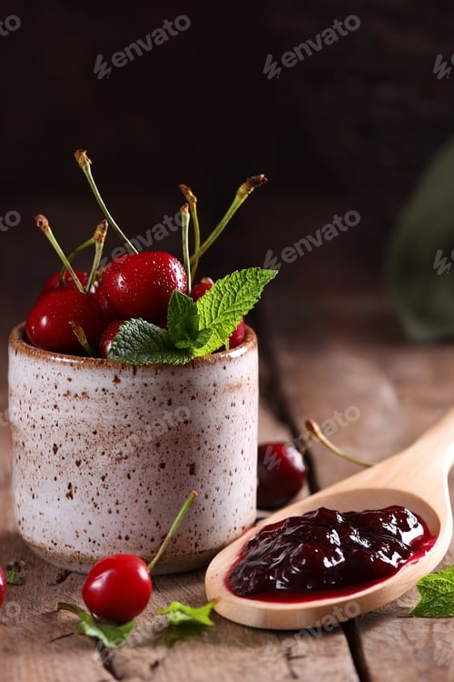 Preview: natural organic cherry jam and fresh berries