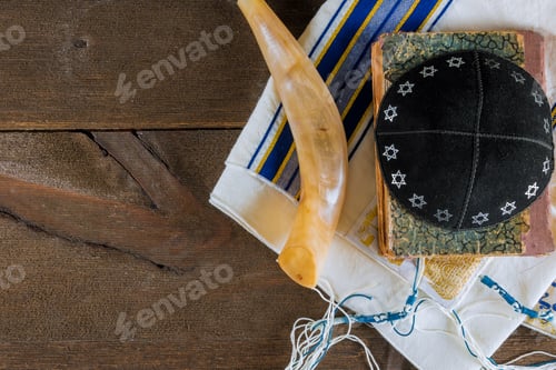Preview: Jewish religion holiday with shofar horn kippah and tallit prayer book