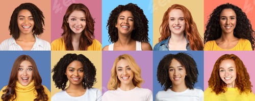 Preview: Collage set of emotional diverse multicultural women