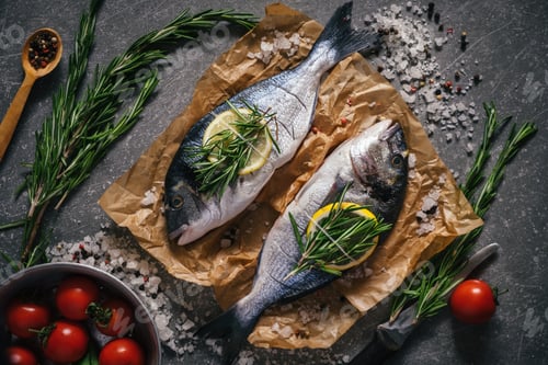 Preview: Top view of tasty dorado fish with vegetables and spices