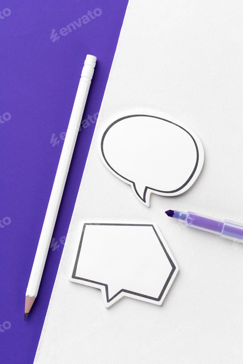 Preview: Creative workspace with speech bubble notes and writing tools on a vibrant purple background