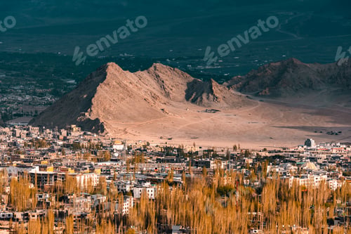 Preview: Panoramic view of Leh city in Ladakh, India, nestled in Himalayan mountains, dramatic brown ridges