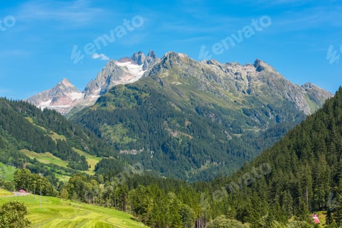Preview: Swiss mountains with green land landscape