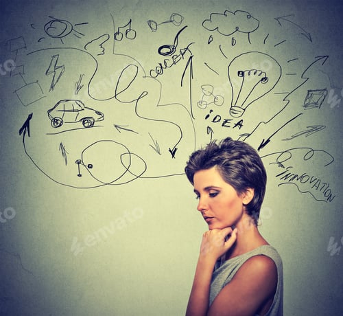 Preview: Portrait Worried Young Woman Thinking Dreaming Has Many Ideas Looking Down Isolated Grey Wall
