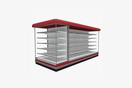 Preview: Rectangular display case with gridded shelving and counter