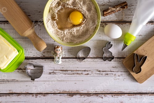 Preview: Flat lay ingredients for baking cookies for easter