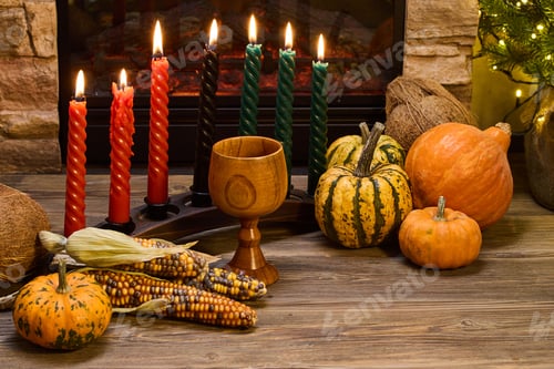 Preview: Kwanzaa Celebration Setup. A festive Kwanzaa display with candles, fruits, and decorative elements