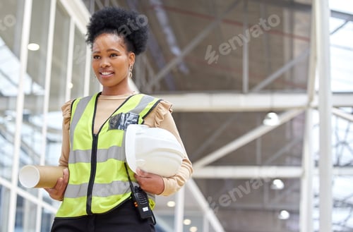 Preview: Black woman, blueprint or architect walking on construction site for project management or inspecti