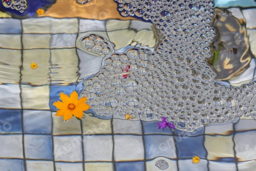 Preview: A Colorful Water Fountain Pool With Bubbles, Flowers And Coins On The Bottom. Some Dust And Pollen