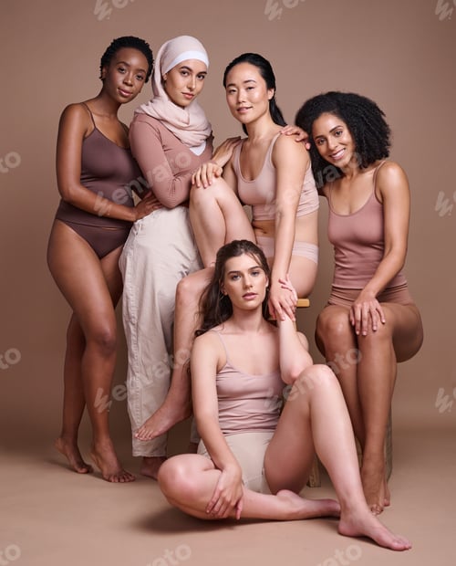 Preview: Women diversity, beauty and body while together for inclusion, skincare and different skin color po