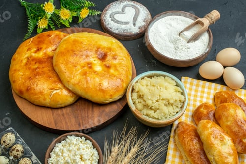 Preview: Side view of delicous fresh baked pastries and cheese peppers eggs heart shaped flour on the wooden