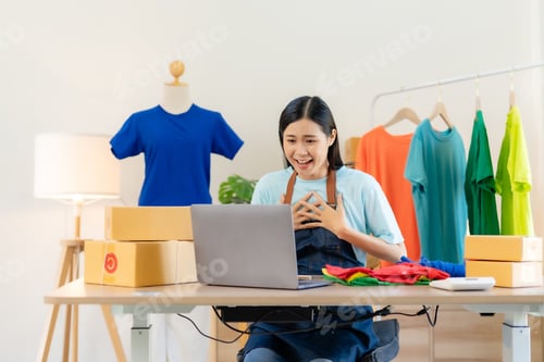 Preview: Small business owner Asian woman who are delighted with successful at home.