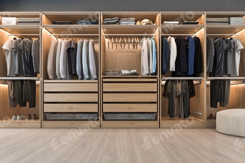Preview: 3d rendering modern scandinavian white wood walk in closet with wardrobe near window