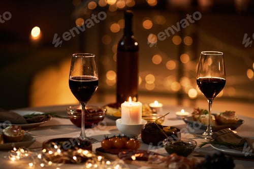Preview: Two wine glasses on dinner table with Christmas lights and candles