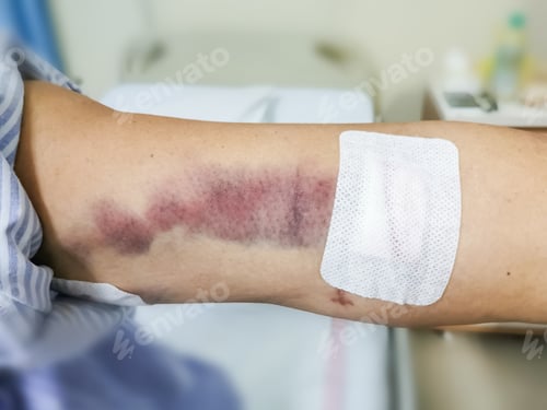Preview: Unidentified old woman with bruises arm and patch to cover wounds.