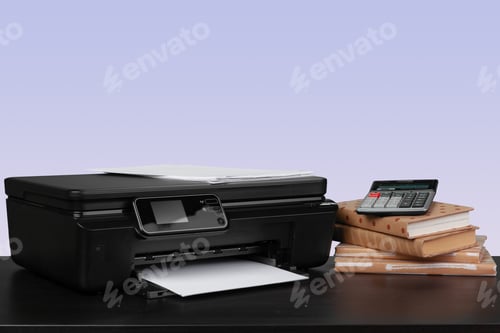 Preview: Home laser printer on desk against purple background