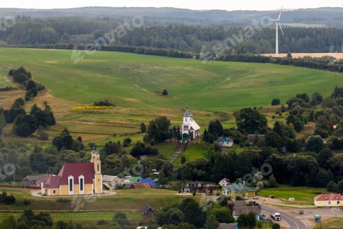 Preview: aerial view on baroque temple or catholic church in countryside