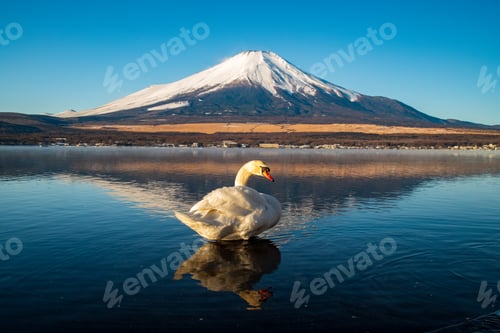 Vista previa: White Swan with Mount Fuji at Yamanaka lake, Yamanashi, Japan