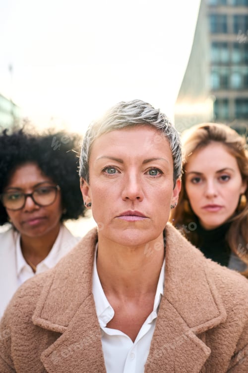 Preview: Portrait a group of multiracial serious women of diverse ages looking at the camera
