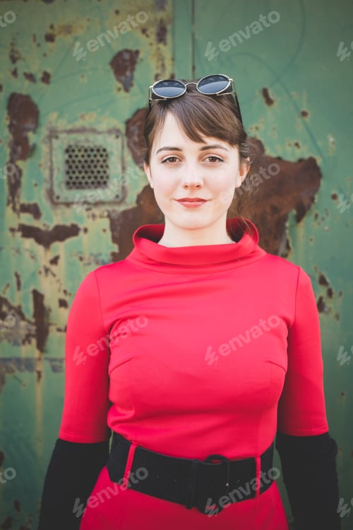 Preview: young beautiful red dressed vintage hipster woman