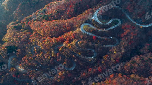 Preview: Beautiful curvy street on the Nikko mountain, Japan. Aerial view