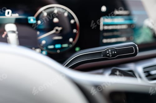Preview: Modern luxury car interior with steering wheel, multimedia and dashboard