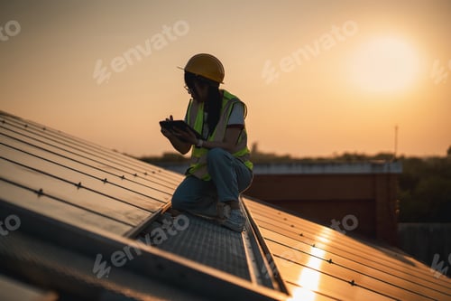 Preview: Service engineer checking solar cell on the roof for maintenance if there is a damaged part.