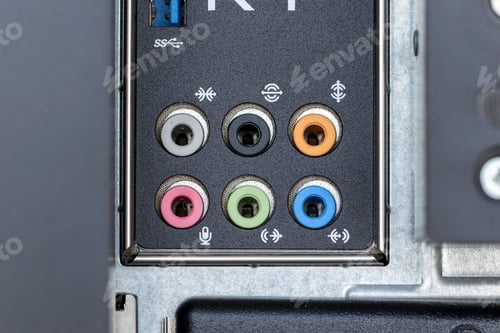 Preview: Closeup shot of firewire and small inputs on a digital computer workstation