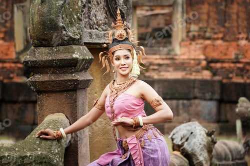 Preview: Asian charming woman wearing typical Thai dress identity culture