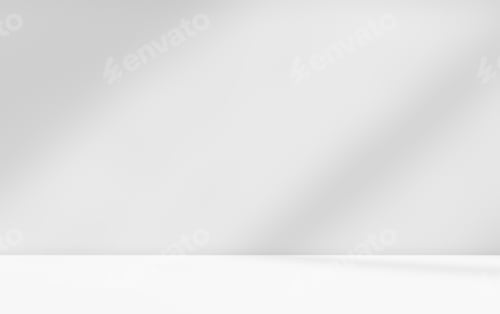 Preview: Empty white room studio with leaves shadow overlay effect for product presentation display.