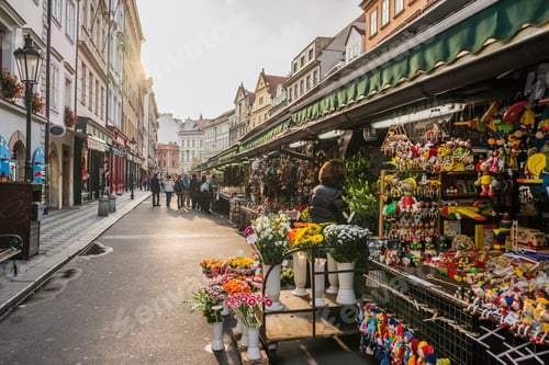Preview: Bustling street market with colorful merchandise on display