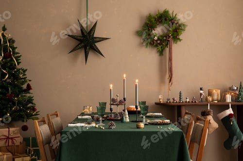 Preview: Aesthetic composition of warm dining room interior with table. Template.