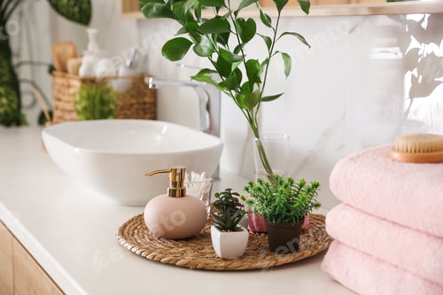 Preview: Green plants and toiletries on white countertop in bathroom. Interior design