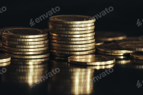 Preview: Stacks of Golden Coins on Dark Background