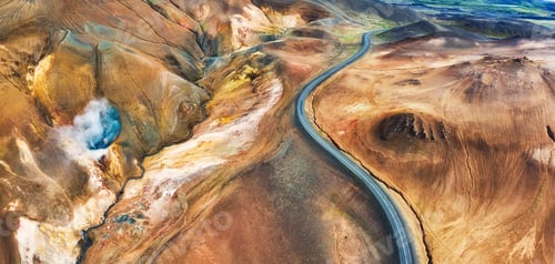 Preview: Aerial panoramic view on road in Iceland. Aerial landscape above highway in the geysers valley.