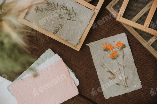 Preview: flatlay handmade paper with autumn leaves and dried flowers
