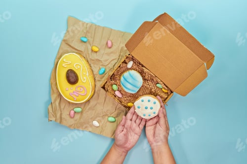 Visualização: Doces assados de Páscoa brilham em um fundo pastel, o amuleto de Páscoa irradia um clima ainda mais alegre