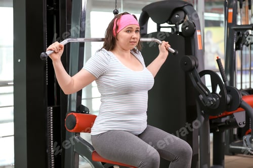 Preview: Overweight woman training in gym