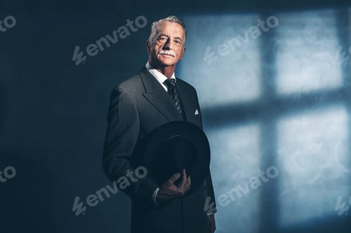 Preview: Retro 1940 Senior Businessman Holding Hat Standing In Room.