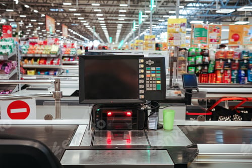 Preview: Modern supermarket checkout terminal with screen, barcode scanner