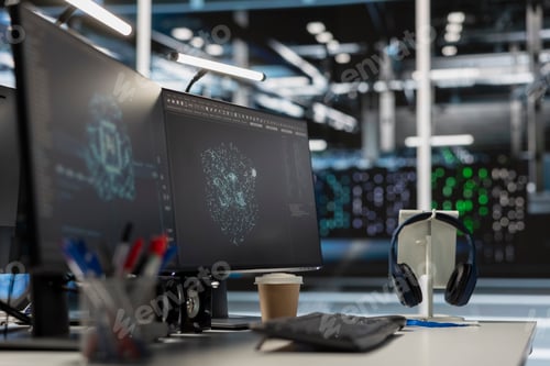 Preview: Computer in data center office overseeing server cabinets used for AI systems
