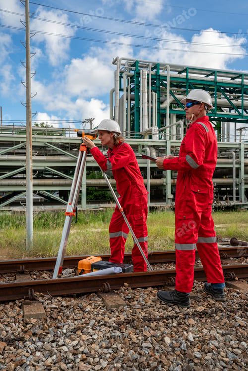 Preview: Team survey construction engineer with safety jacket use level survey camera. Engineer